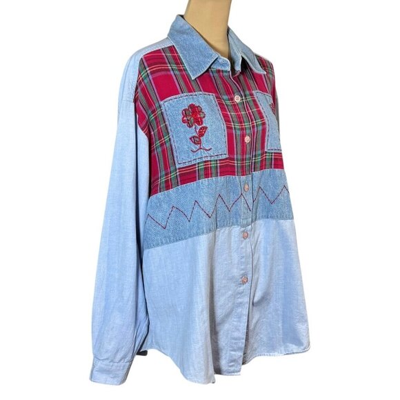 VTG 90s The Limited Collection Patchwork Shirt Sz.L Blue Red Oversized Cottage - Picture 2 of 8